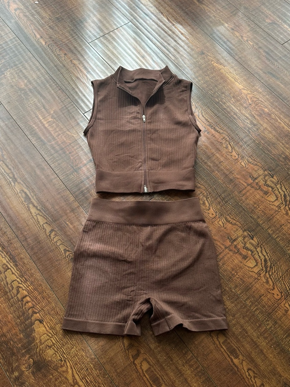 Brown Ribbed Two-Piece Zip Front Crop Top & Shorts Set